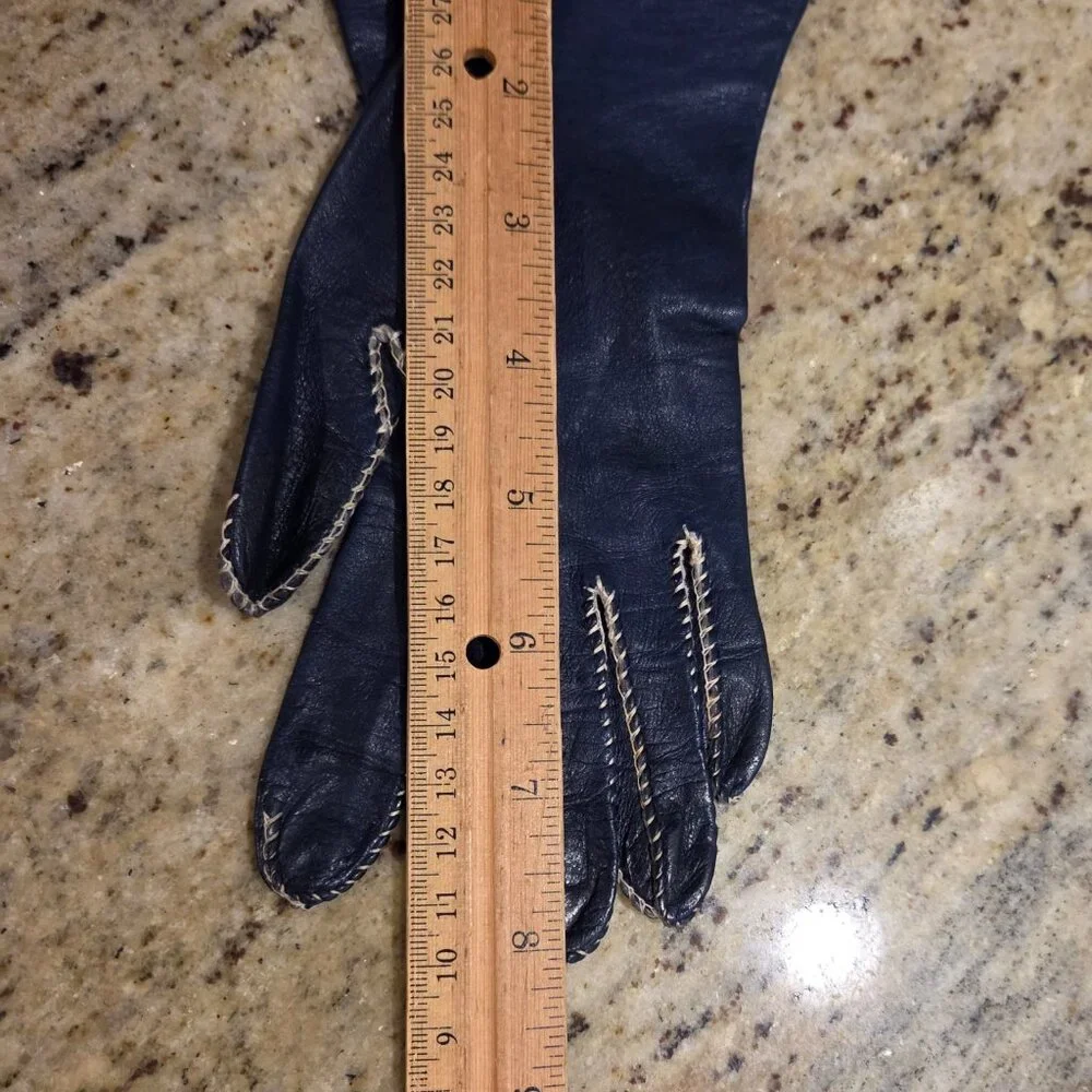 Vintage Womens Size XS S 6 1/4 Blue Leather Formal Gloves Contrast Stitching